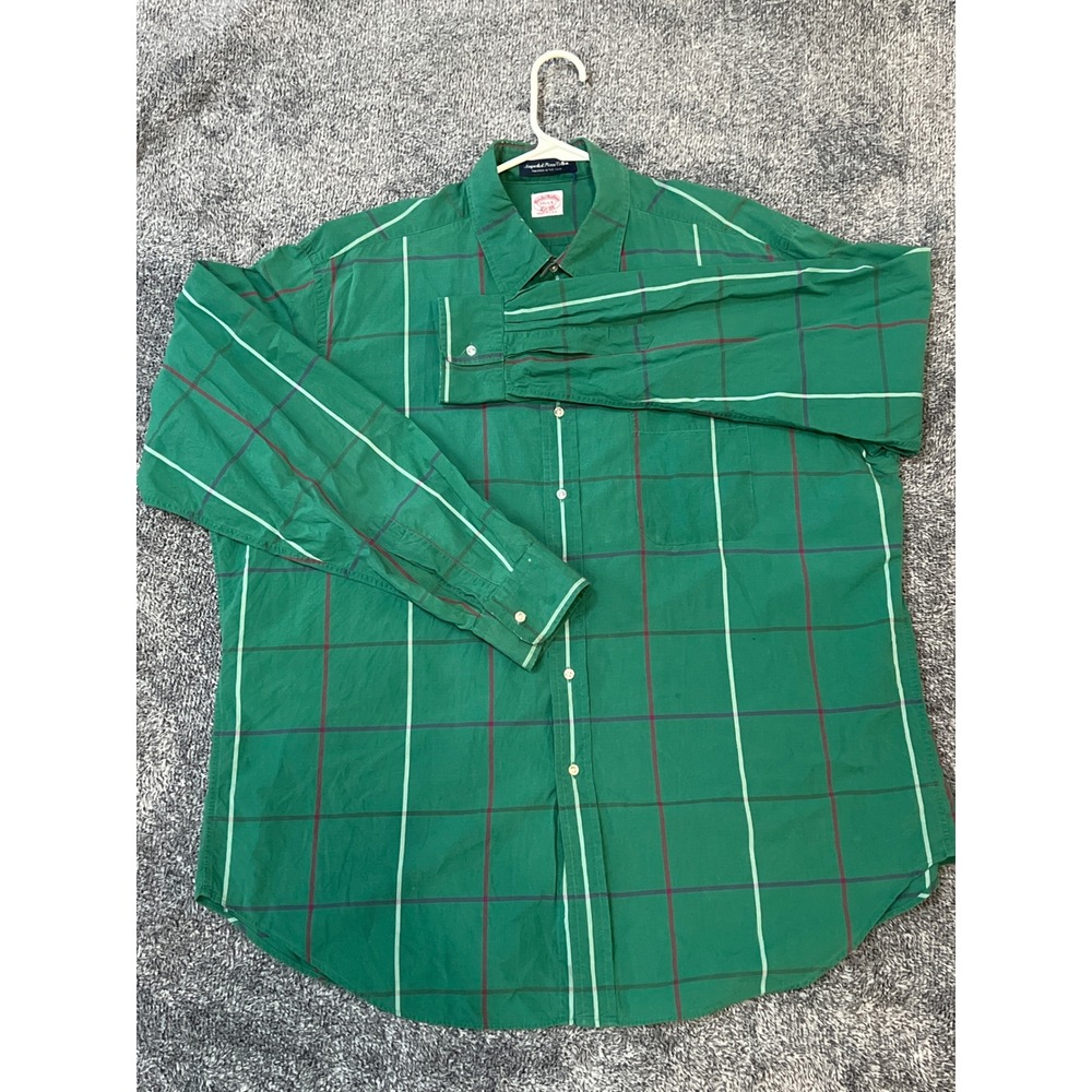 Brooks Brothers Mens Pima Cotton Windowpane Check Shirt Green 17.5 L Made in USA